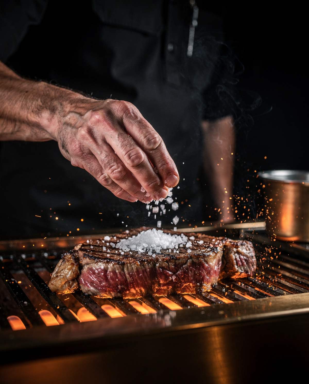 Grillmeister würzt ein Steak